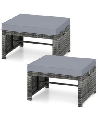 2 Pieces Patio PE Rattan Ottomans with Soft Zippered Cushions for Deck