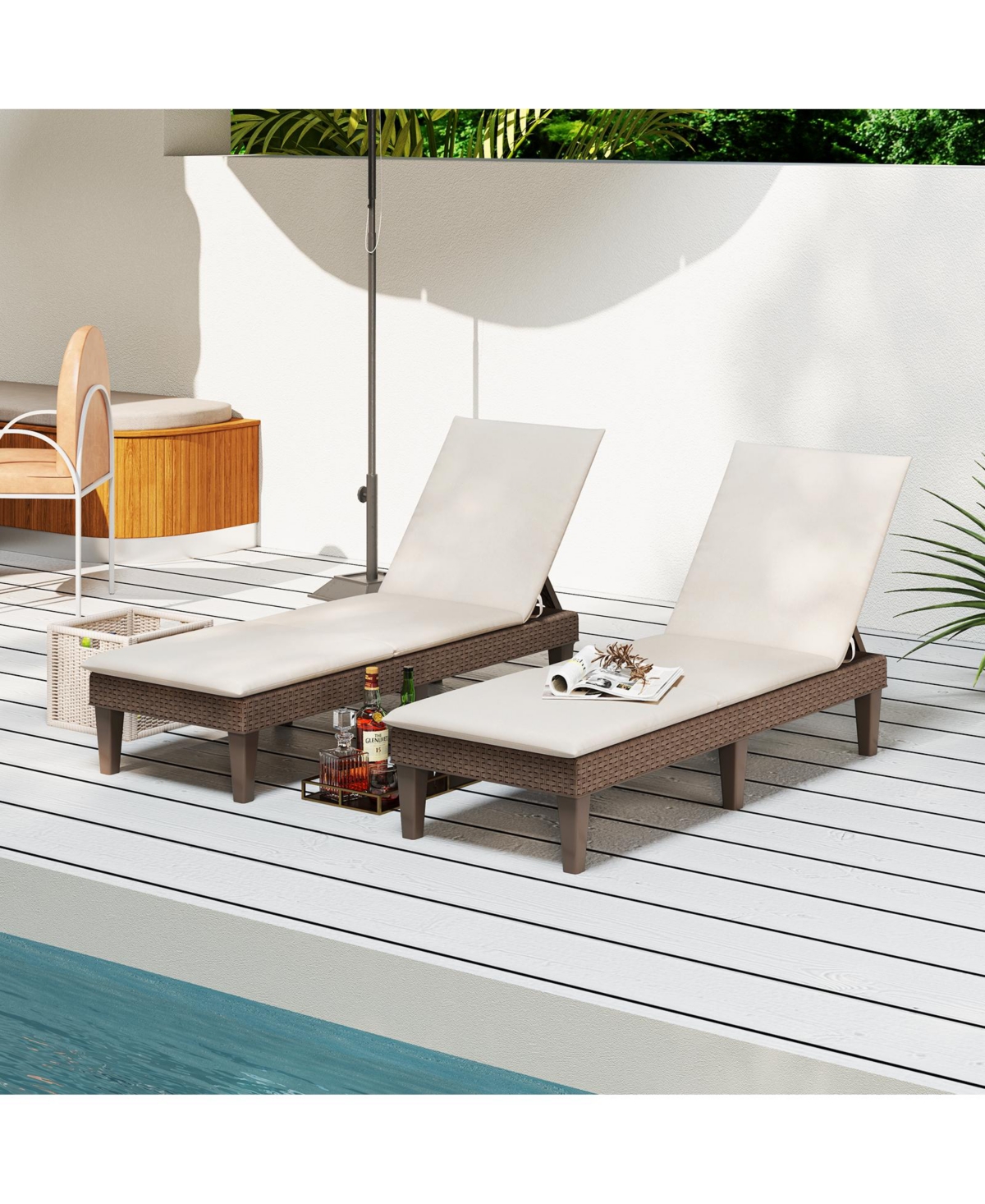 Gymax 2PCS Patio Lounge Chair Recliner Chair w/ 3-Position Adjustable Backrest & Cushion