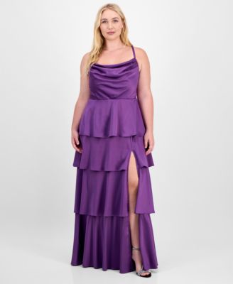 City Studios - Trendy Plus Size Cowl-Neck Tiered Satin Gown