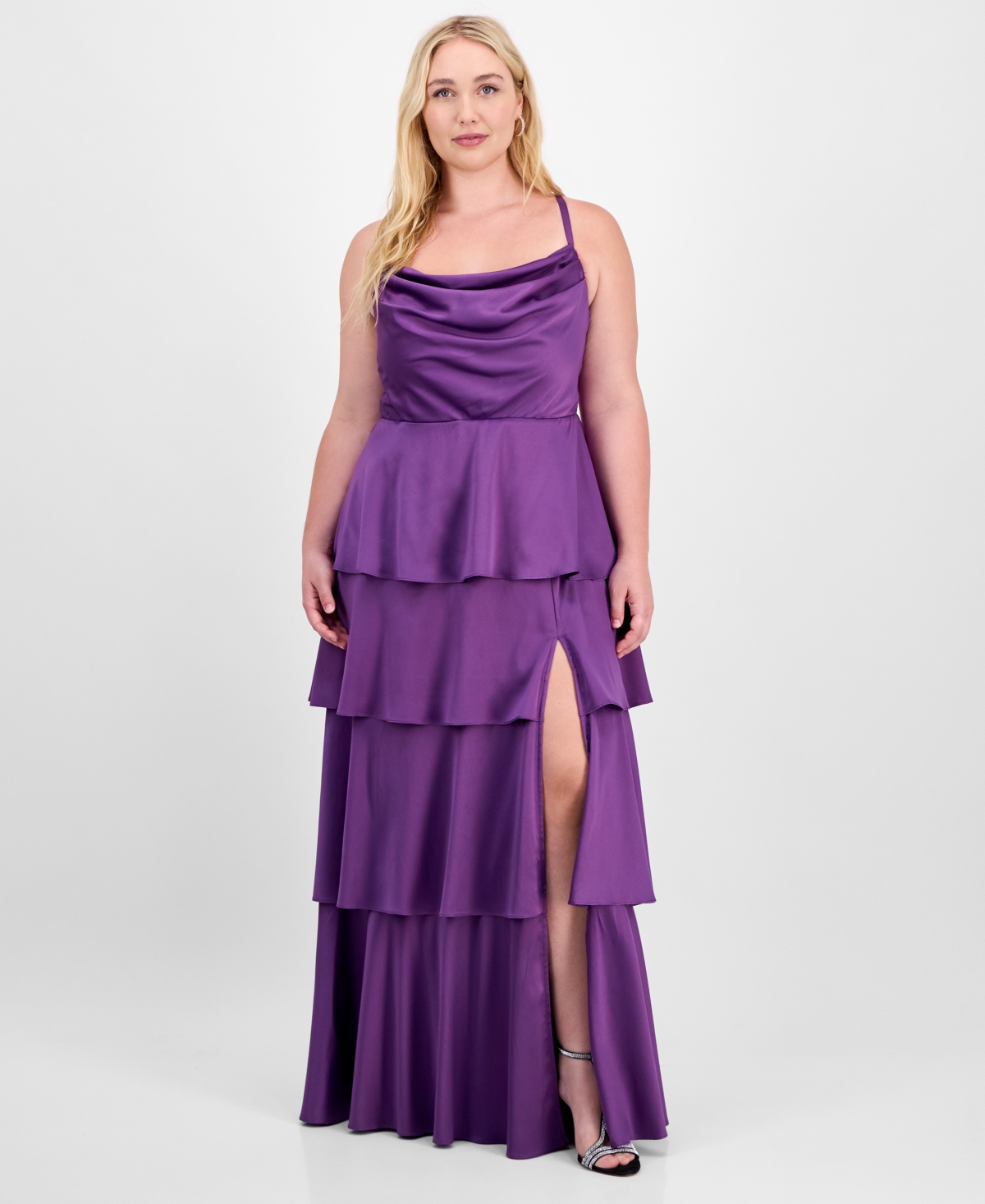 City Studios Trendy Plus Size Cowl-neck Tiered Satin Gown In Purple