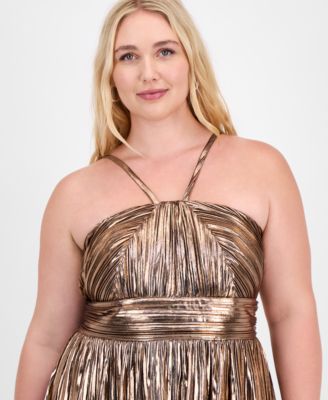 Trendy Plus Size Metallic Foil Pleated Fit & Flare Dress