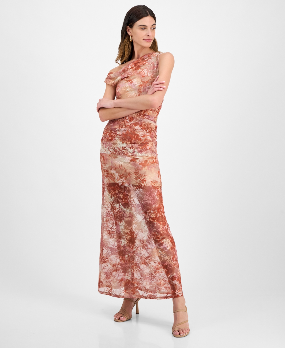 Juniors' Sheer Floral-Print Off-The-Shoulder Dress - Brown