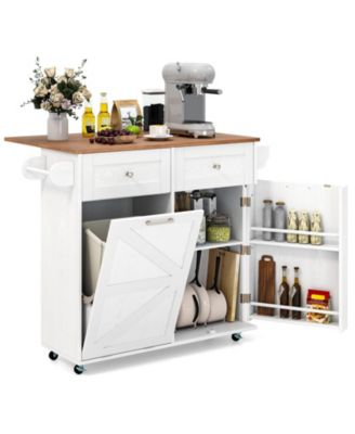 Rolling Kitchen Island with Trash Can Cabinet and Rubber Universal Wheels