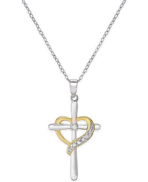 Macy S Diamond Cross Heart Pendant Necklace 1 10 Ct T W In Sterling Silver And 18k Gold Plated Sterling Silver Reviews Necklaces Jewelry Watches Macy S