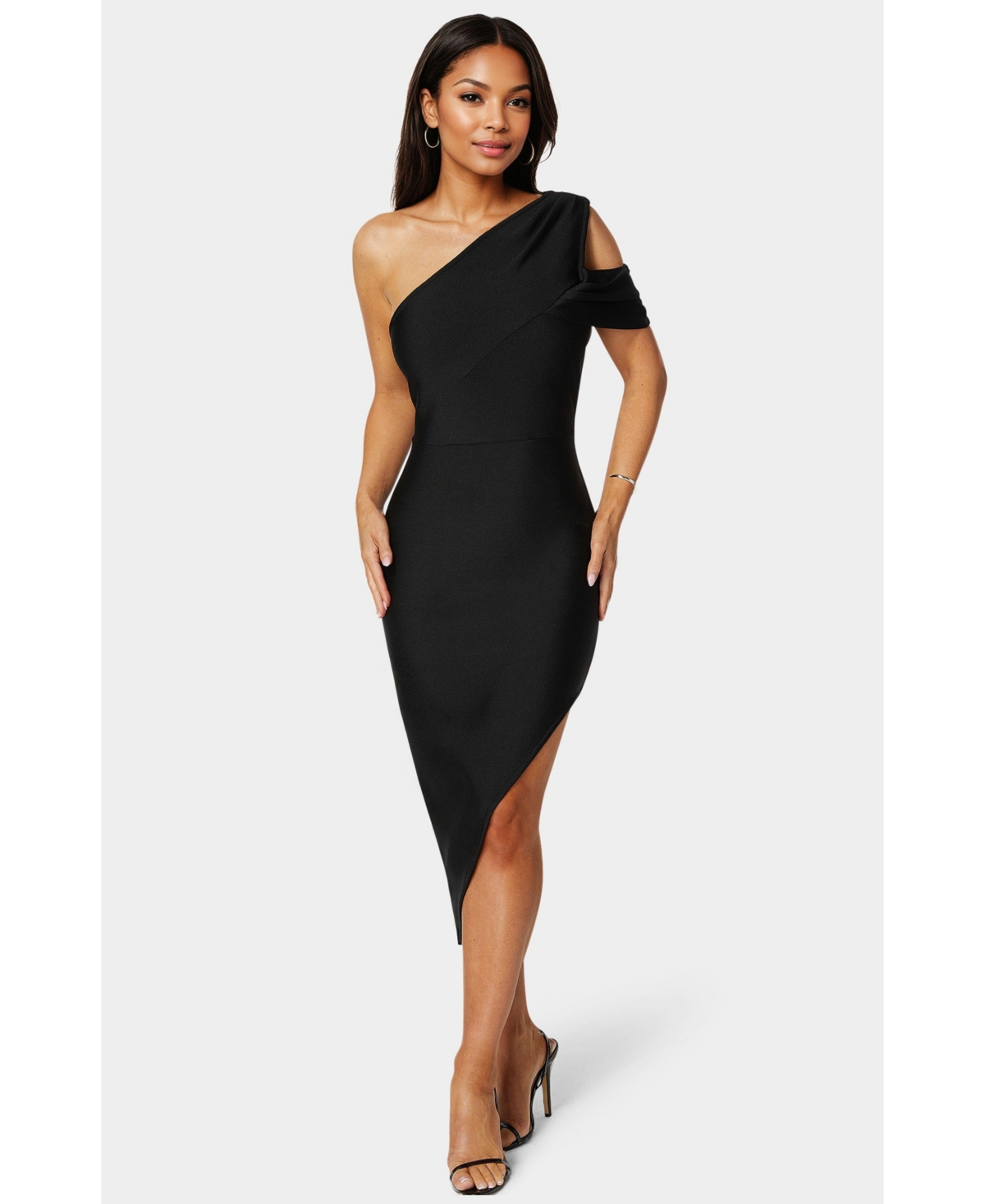 Women's Asymmetrical High Slit Bandage Midi Dress - Black