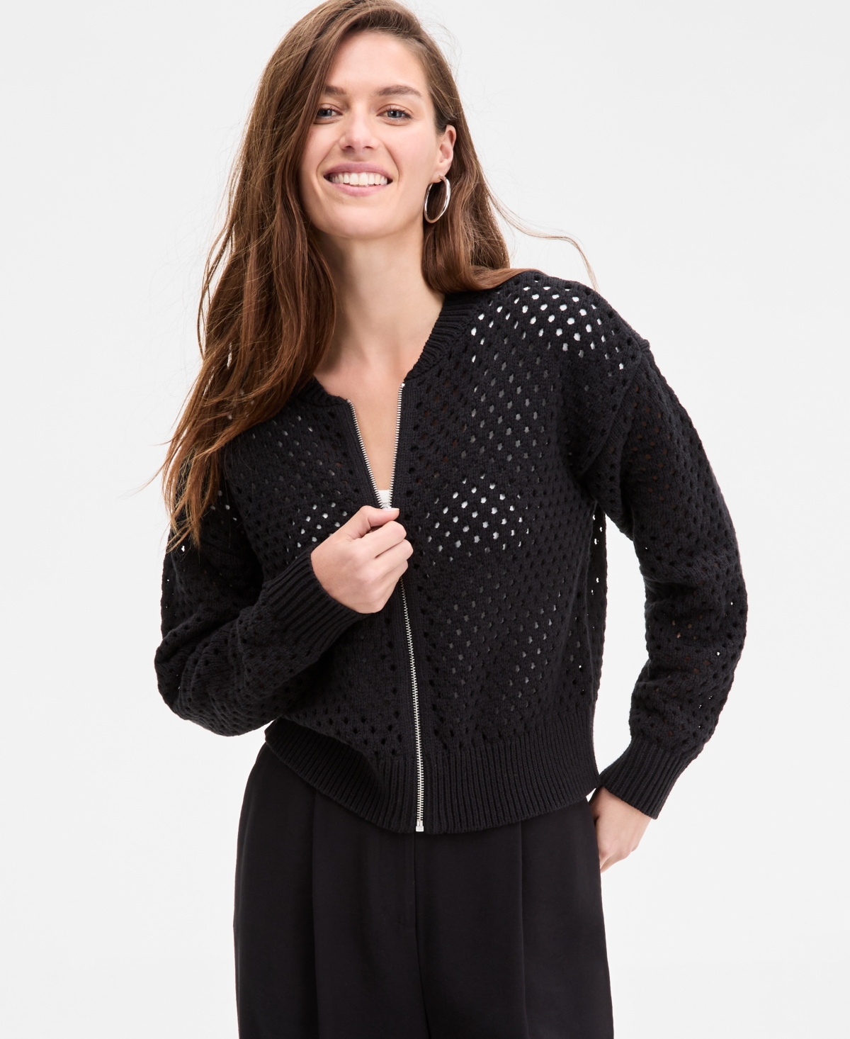 Women's Perforated Zip-Front Sweater Bomber, Exclusively at Macy's - Washed White