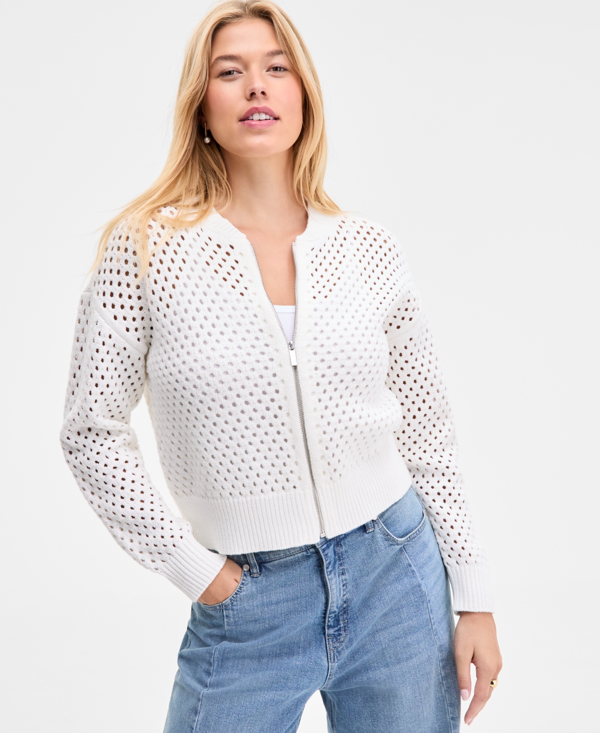 On 34th Women's Perforated Zip-front Sweater Bomber, Exclusively At Macy's In White