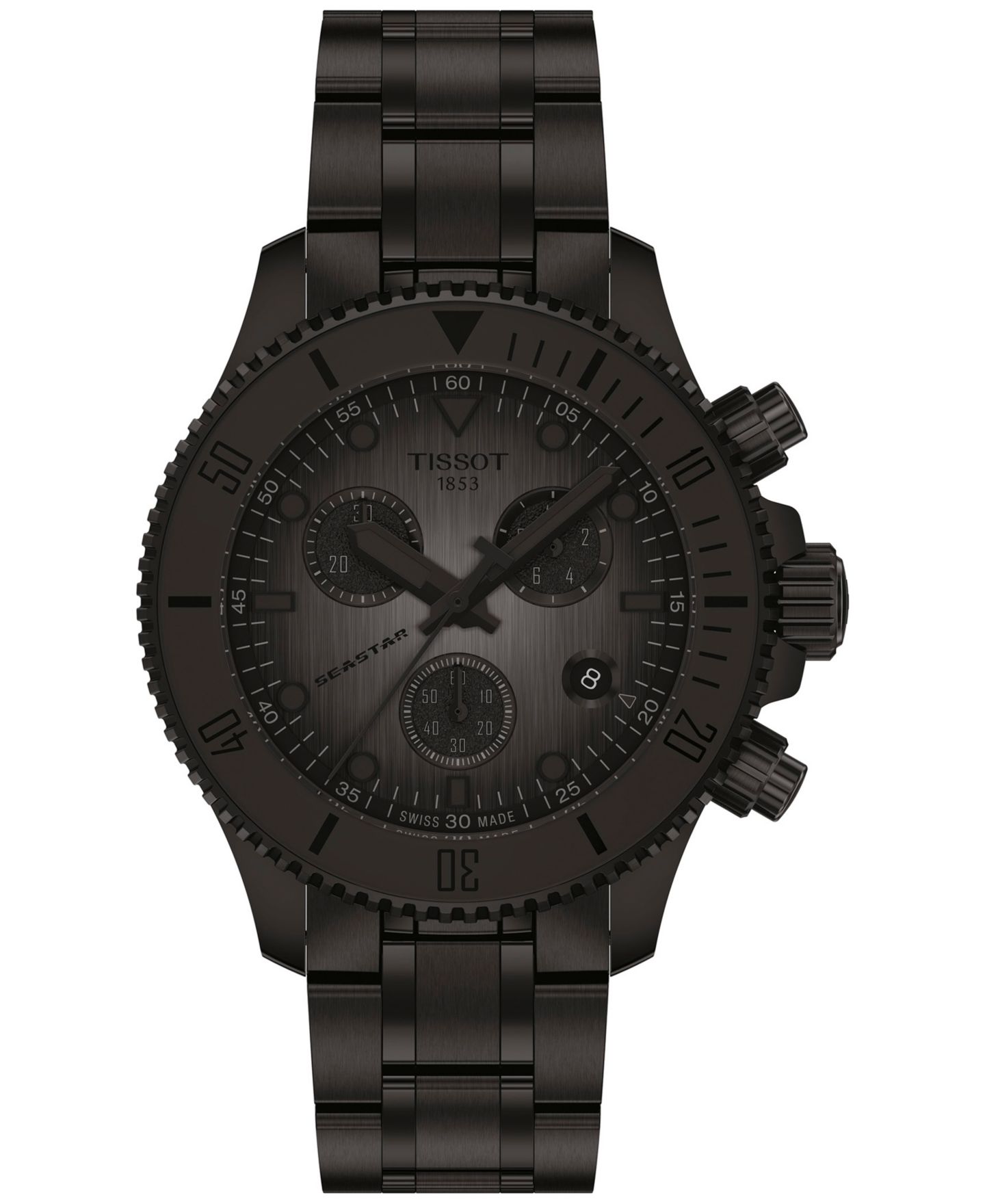 Мужской хронограф Tissot Swiss Seastar 1000 на стальном браслете чёрного тона, 38 мм — фото 1
