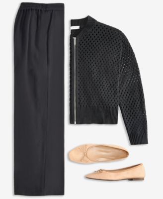 On 34th Womens Perforated Zip Front Bomber Cardigan Ribbed Scoop Neck Tee High Rise Pleated Straight Leg Pan In Black