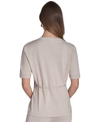 Women's Metallic Tie-Waist Round-Neck Top