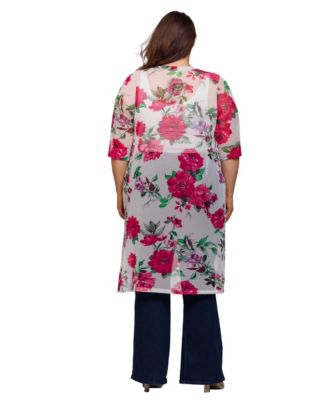 Plus Size Sheer Floral Knee Length Duster Cardigan Sweater
