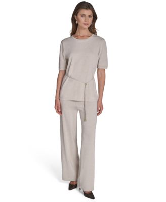 Womens Metallic Tie Waist Round Neck Top High Rise Wide Leg Knit Pants