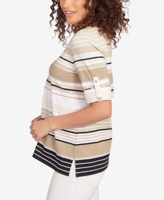 Petite Multi Stripe Roll Tab Sleeve T Shirt