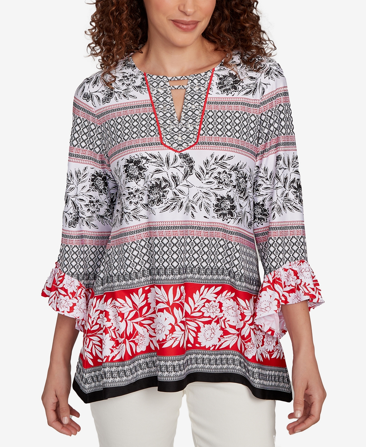 Petite Tropical Motif Stripe Puff Print Knit Top - Black Multi