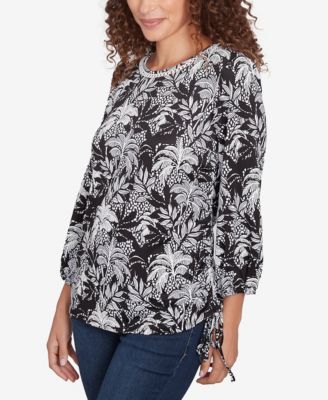 Petite Monotone Palms Puff Print Side Tie Top