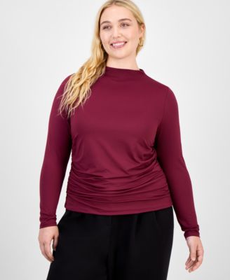 Bar III - Trendy Plus Ruched Mock-Neck Long-Sleeve Top