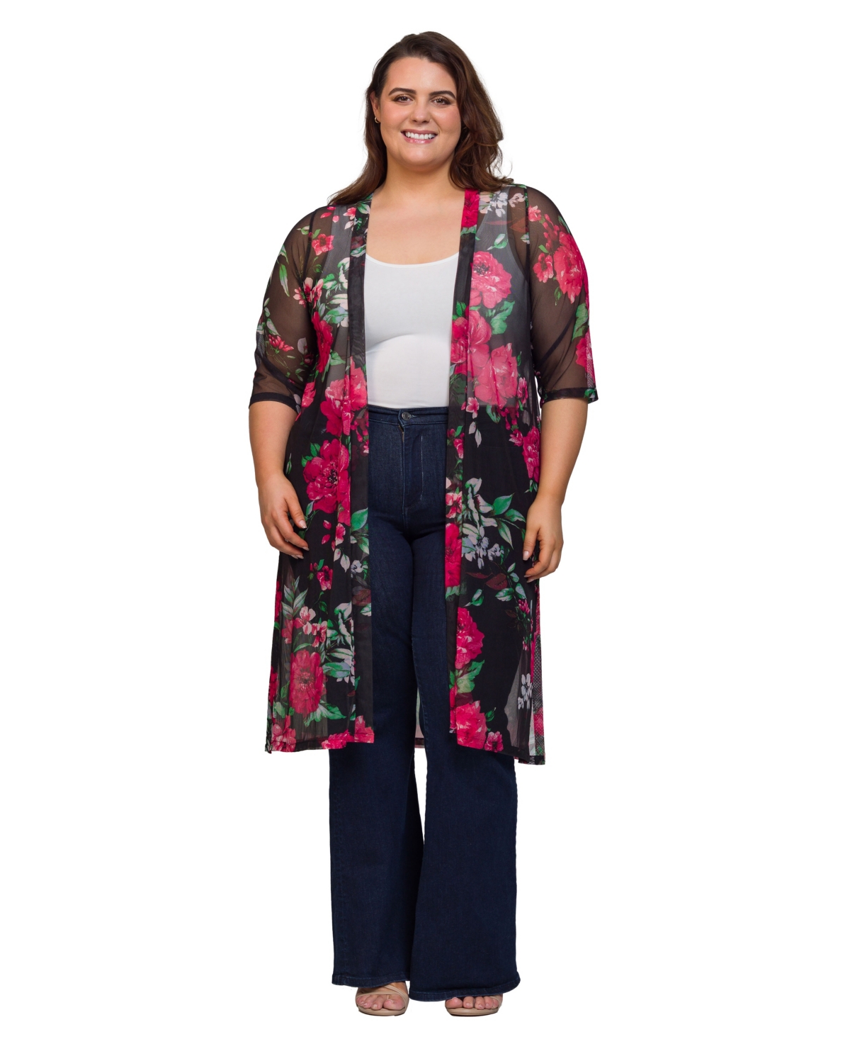 Plus Size Sheer Floral Knee Length Duster Cardigan Sweater - White multi