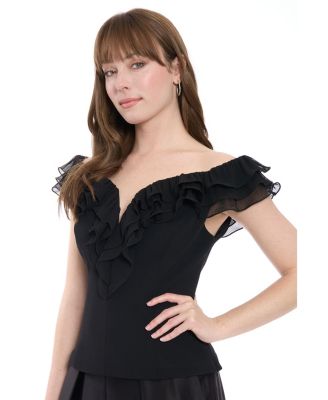Women's Scuba Crepe Ruffled-Neckline Top