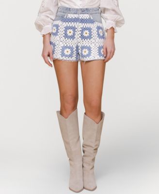 Avec Les Filles - Women's Crochet-Front Denim Cutoff Shorts