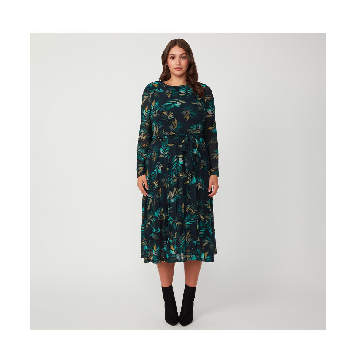 Plus Size Foliage Whisper Green Black Floral Mesh Midi Dress - Print
