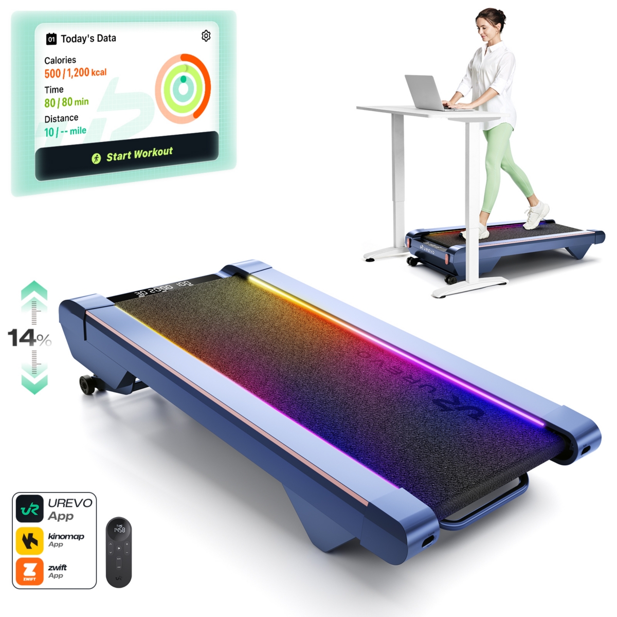 Smart Walking Pad with 14% Incline, Under Desk Treadmill for Home Use, Extended Walking Surface, Led Remote, Speed-Responsive Lighting, Quiet Brushles