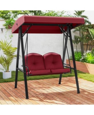 2-Person Outdoor Porch Swing with A-Shaped Metal Stand and Adjustable Canopy