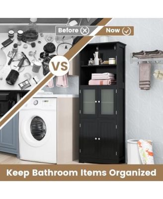 6-Tier Freestanding Bathroom Cabinet with 2 Open Compartments and Adjustable Shelves