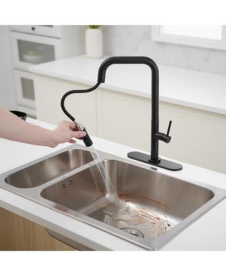 Single Handle Pull-Down Sprayer 1 Spray High Arc Kitchen Faucet With Deck Plate in Brushed Nickel