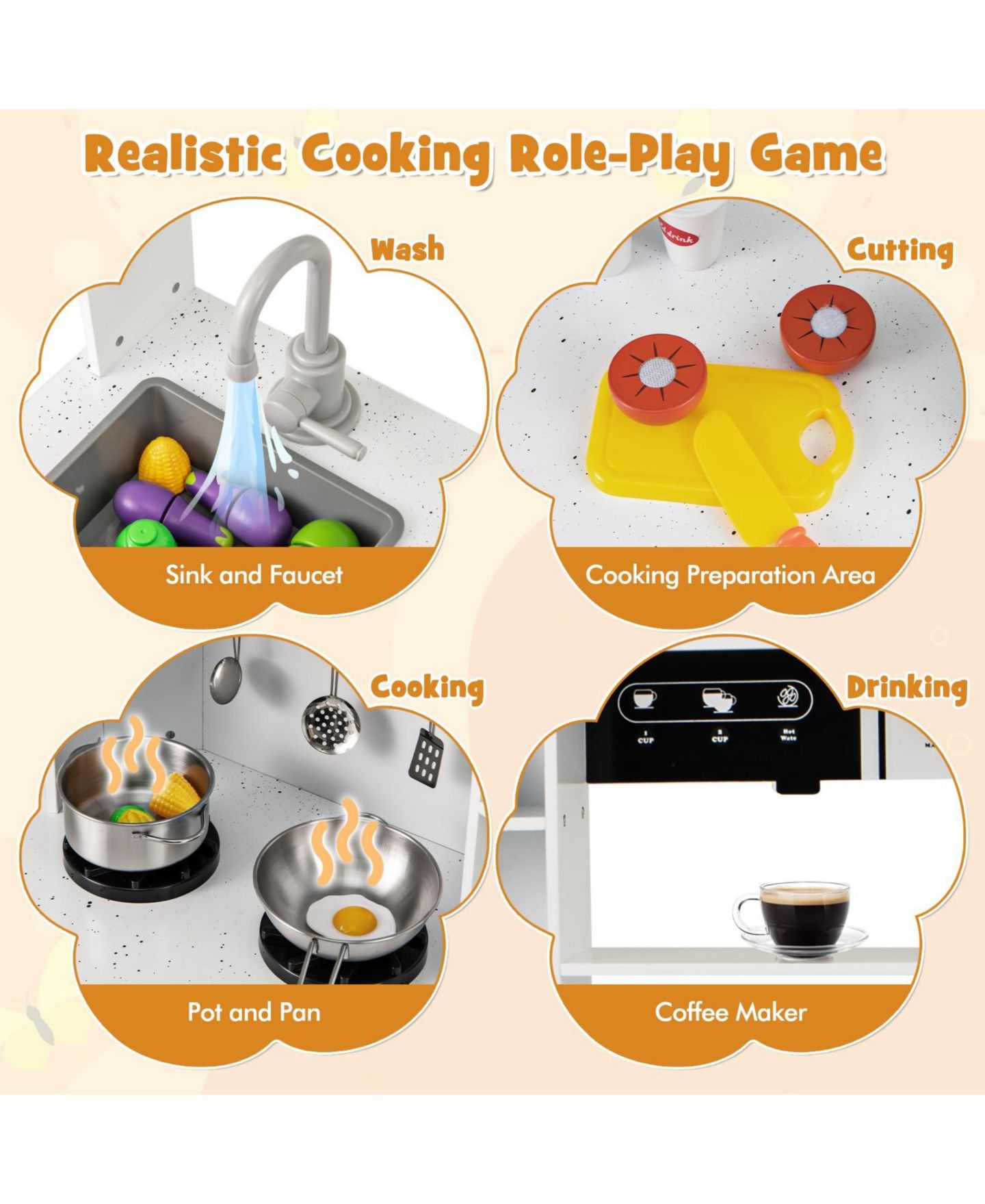 Детская игрушка Mecale Wooden Play Kitchen With Lights and Sounds, Ages 3+, цвет: Белый — фото 6