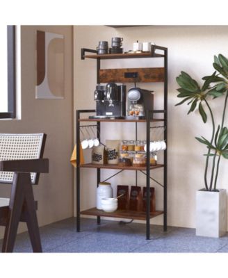 4-Tier Kitchen Bakers Rack with Power Outlet and 8 Hooks