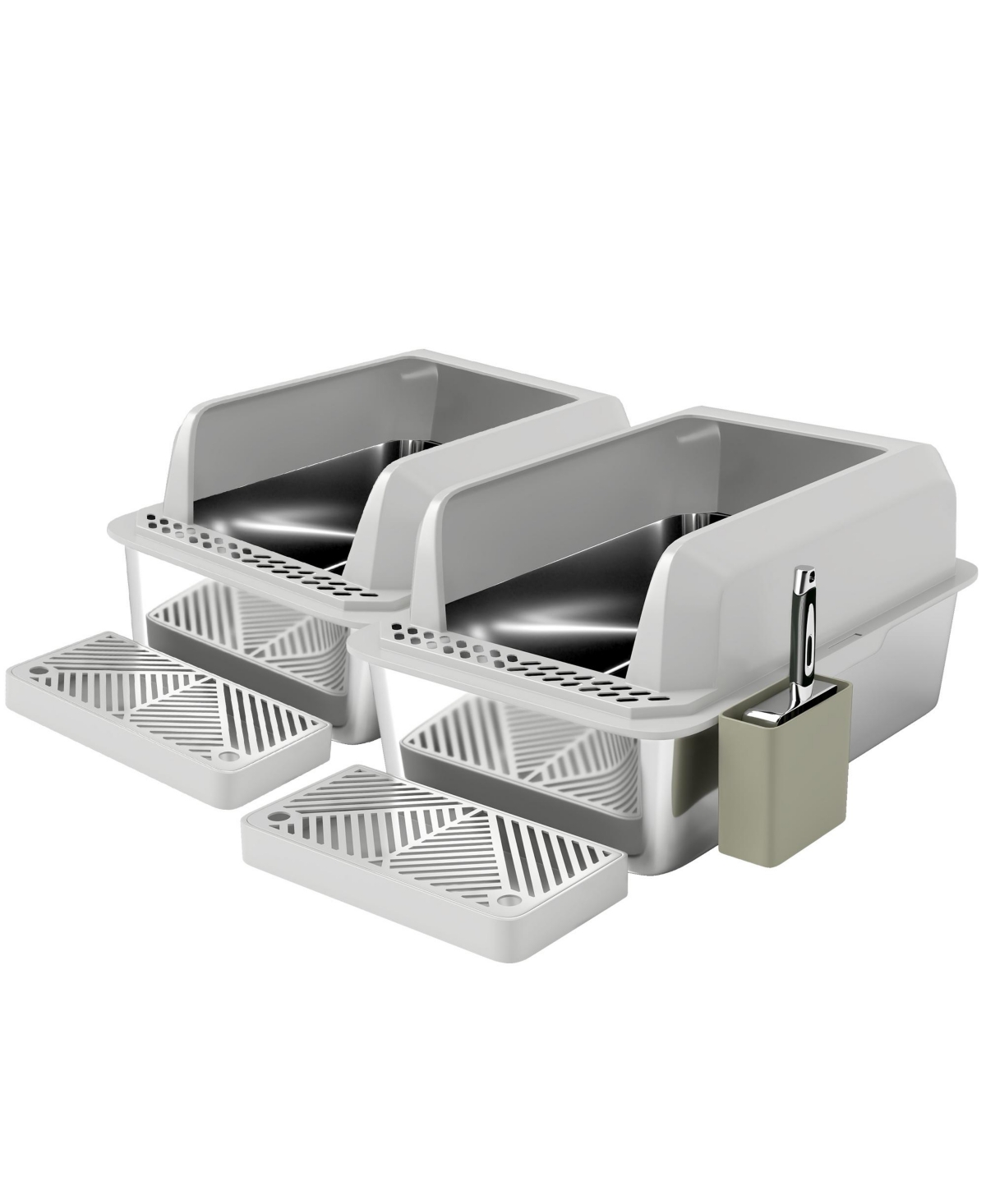 PawHut 2 Pack Stainless Steel Litter Box, High Sided Metal Litter Box