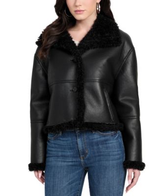 GUESS - Women's Stand-Collar Faux-Shearling Coat