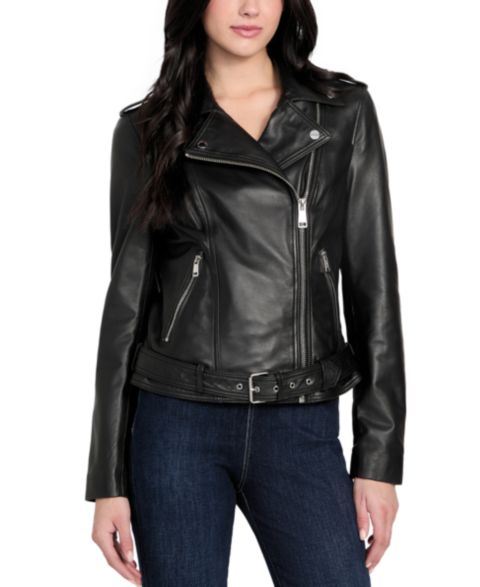 Женские куртки GUESS Asymmetric Belted Leather Moto Jacket