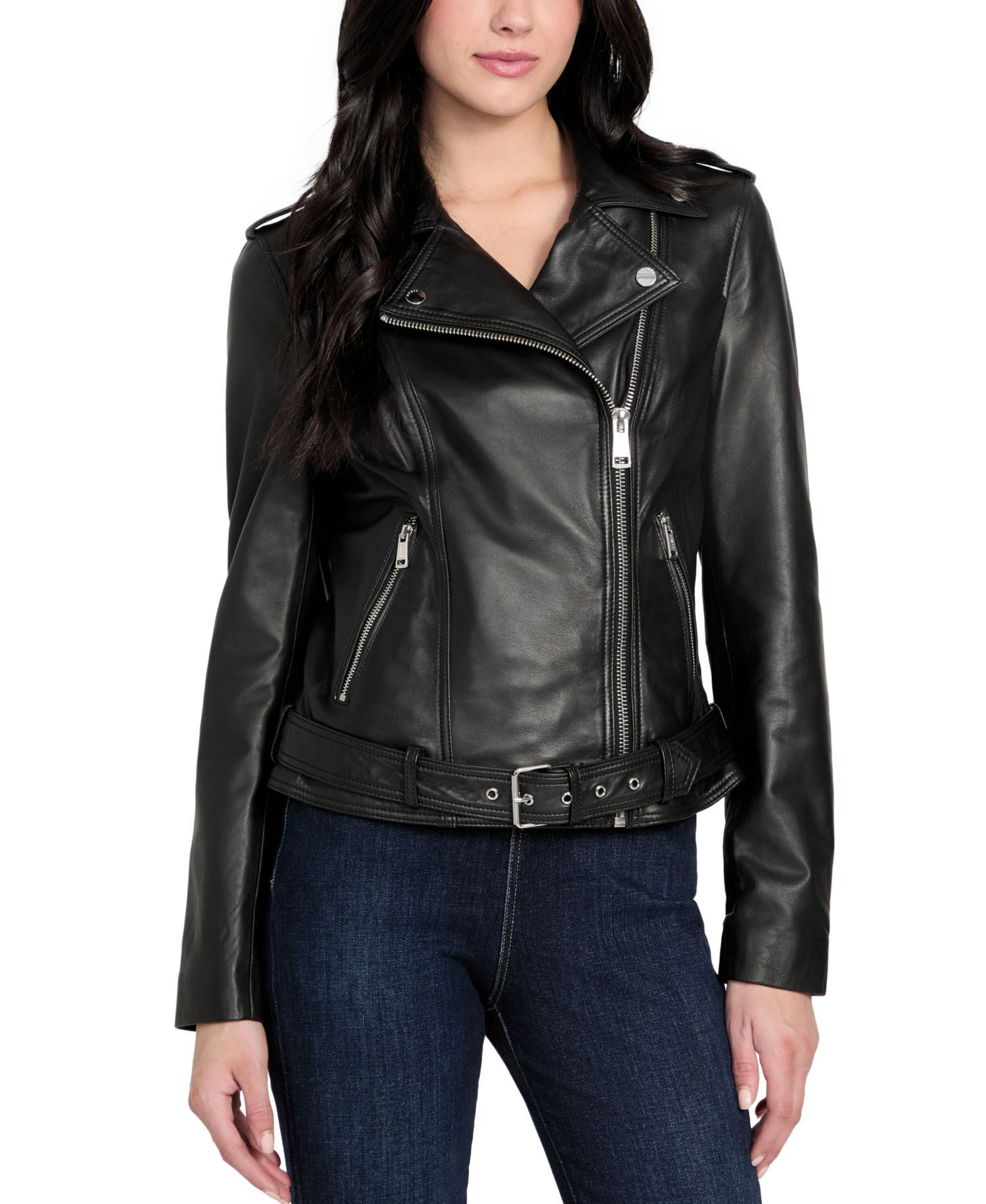 Women's Asymmetric Belted Leather Moto Jacket, Created for Macy's