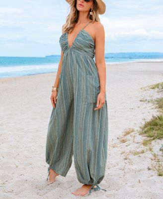 Women's Striped Plunge Loose Leg Jumpsuit