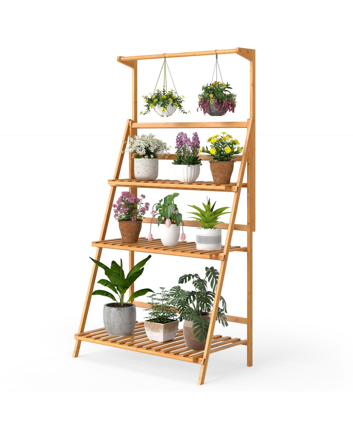 3 Tier Hanging Plant Stand with Height Adjustable Hanger Rod - Natural