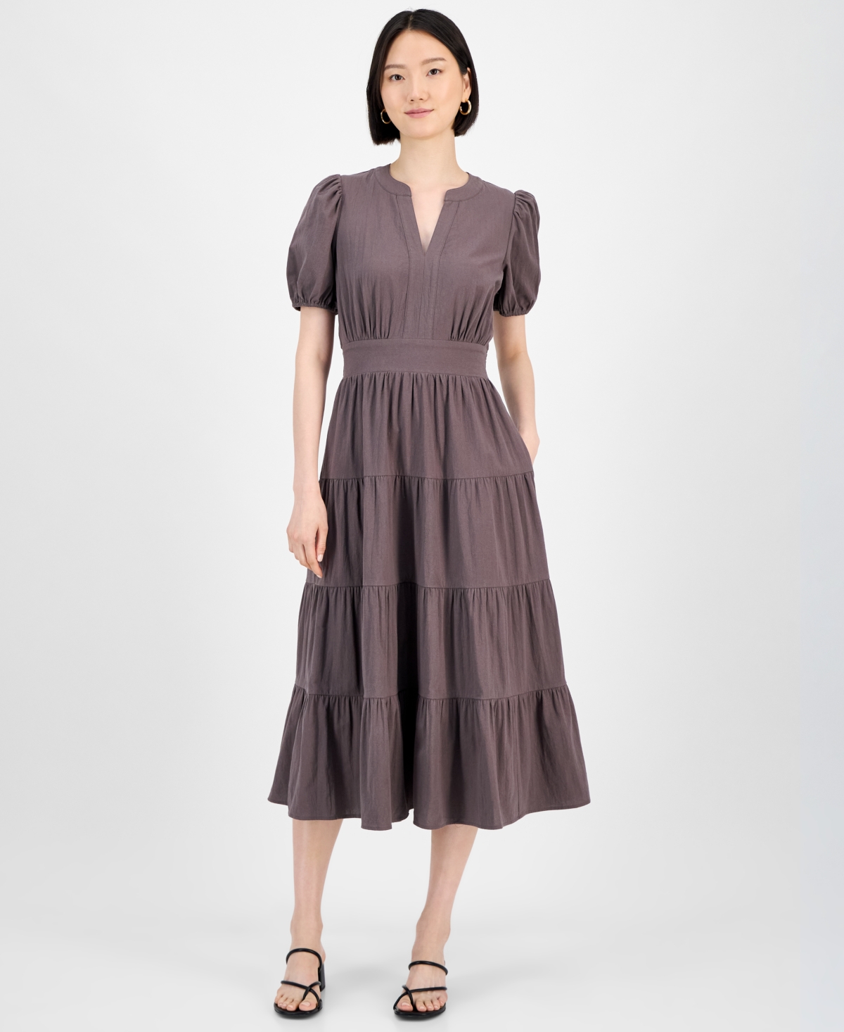 Women's Cotton Puff-Sleeve Tiered Midi Dress - Mocha