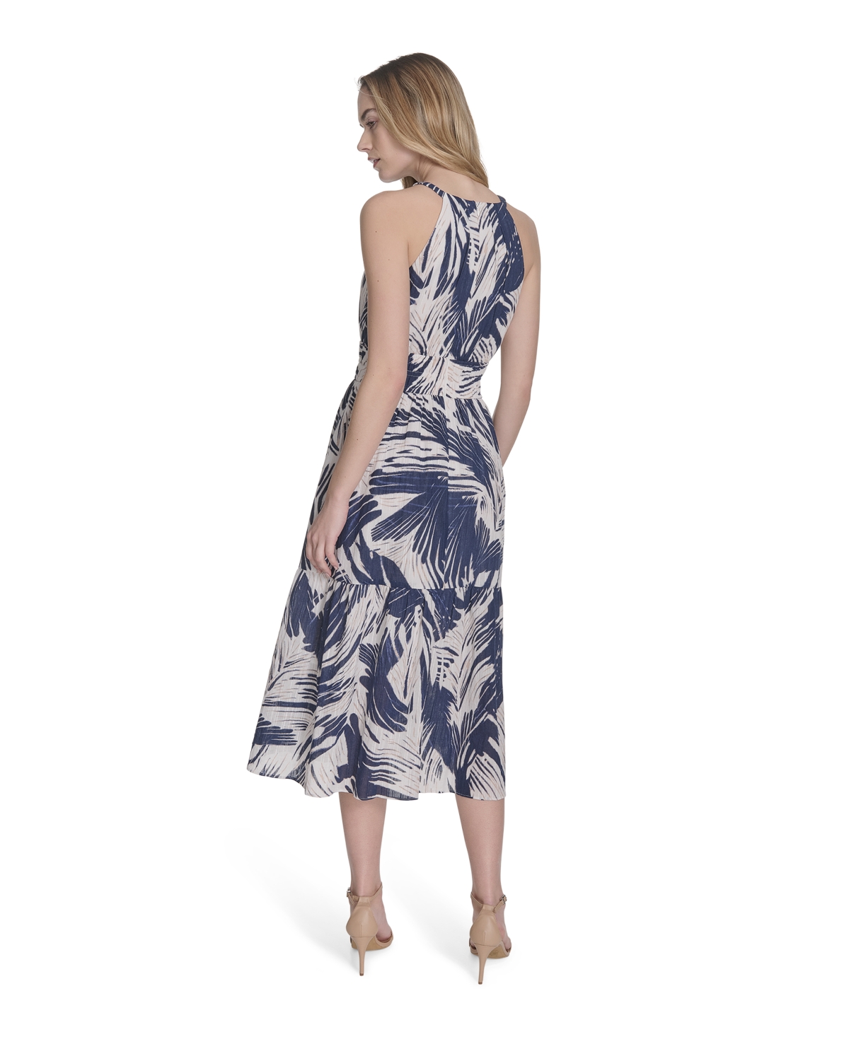 Vince Camuto Leaf Print Cotton Halter Neck Midi Dress In Blue