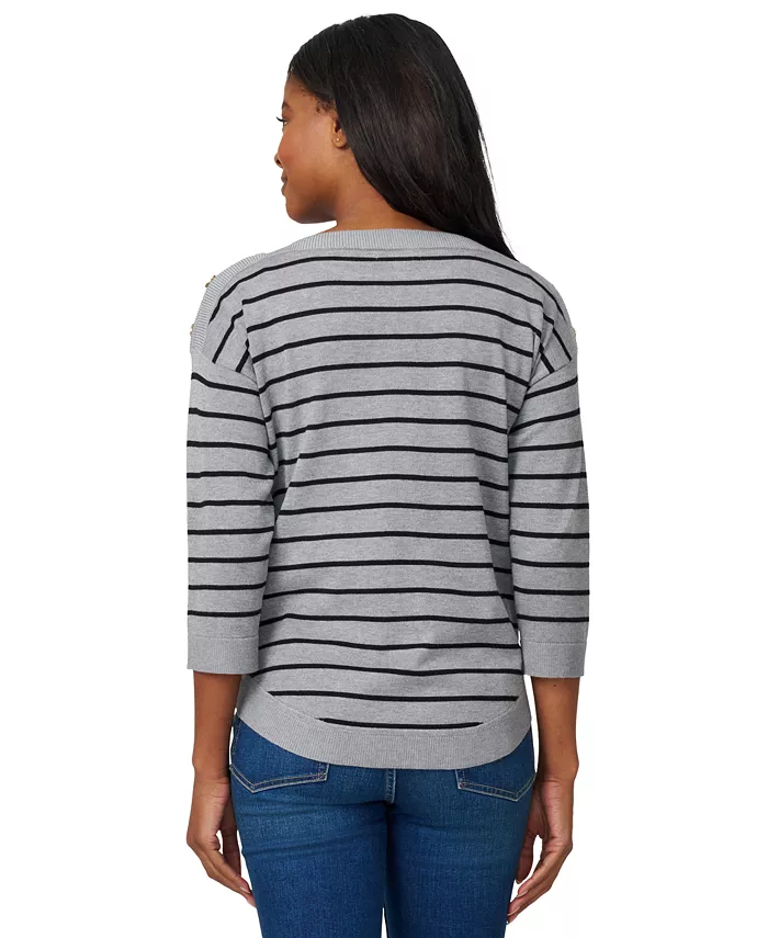 Women's Striped Button-Shoulder Boatneck 3/4-Sleeve Sweater - thumbnail 2