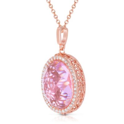 Sterling Silver 18K Rose Plated Cubic Zirconia Oval Pink Pendant