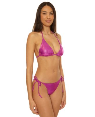 Becca Womens Liquid Metal Triangle Bikini Top Side Tie Bottoms In Pink