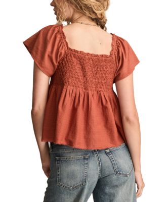 Women's Cotton Smocked-Bodice Babydoll Top