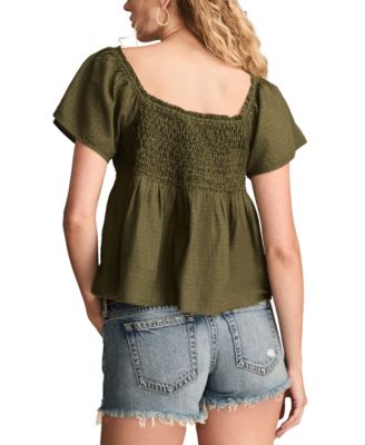 Women's Cotton Smocked-Bodice Babydoll Top