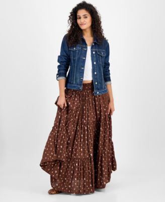 Cotton Denim Trucker Jacket Crochet Trim Crewneck Tank Top Broomstick Cotton Maxi Skirt