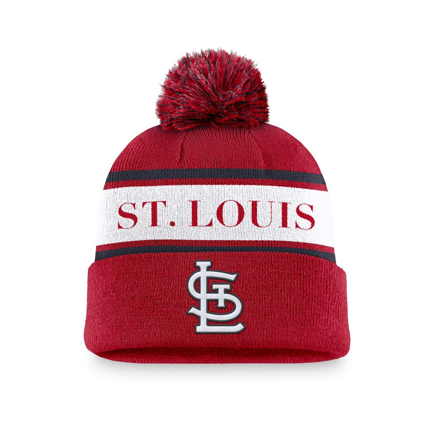 Men's Red St. Louis Cardinals Team Stripe Peak Cuffed Knit with Pom Hat