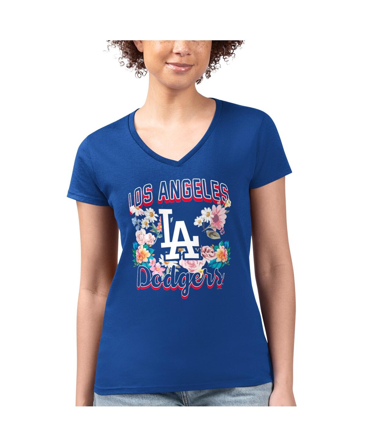 Women's Royal Los Angeles Dodgers Flowers Graphic Fitted V-Neck T-Shirt - Royal