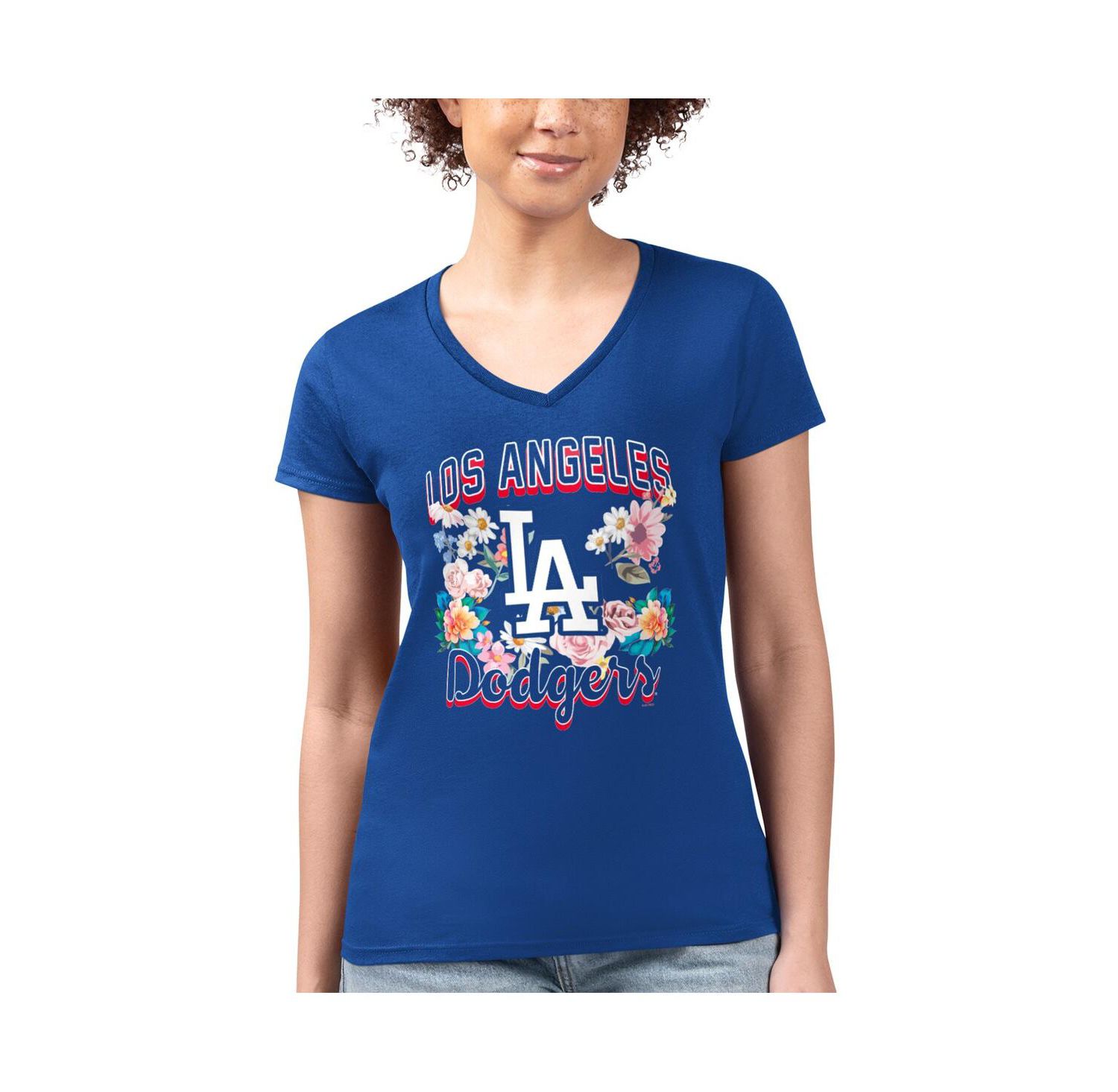 Women's Royal Los Angeles Dodgers Flowers Graphic Fitted V-Neck T-Shirt