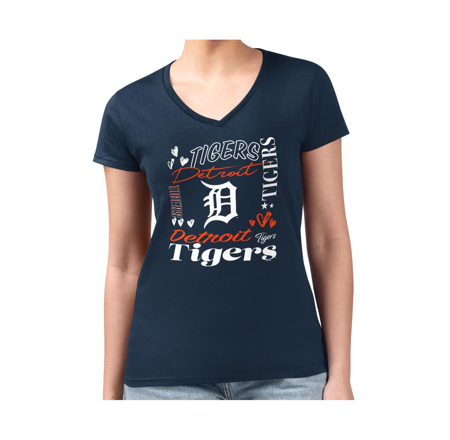 Women's Navy Detroit Tigers Collage Team Graphic V-Neck Fitted T-Shirt
