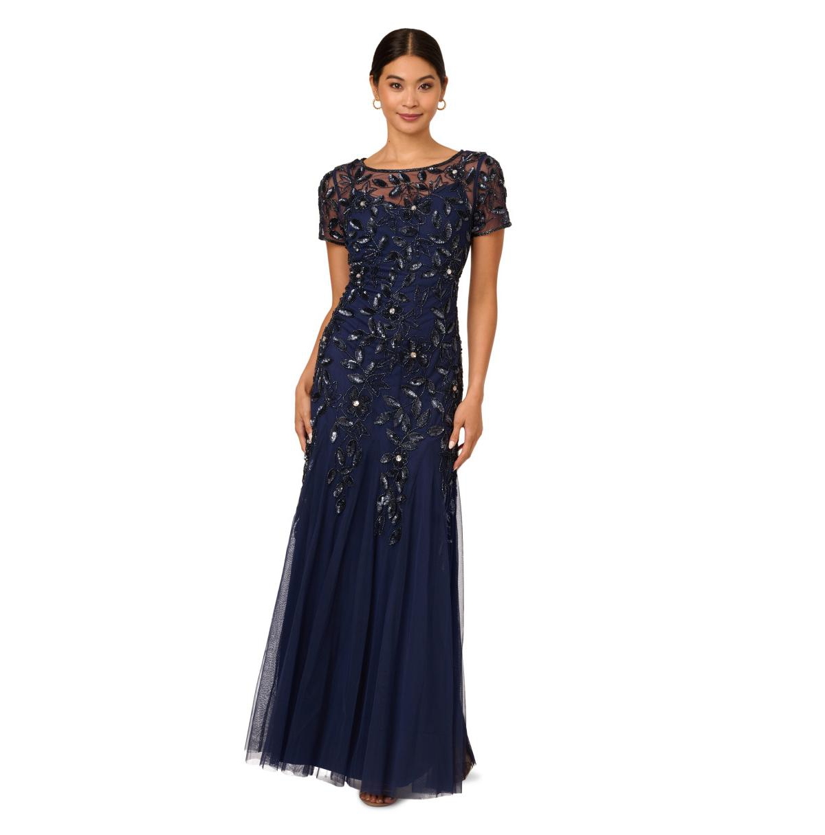 Adrianna Papell Floral Embroidered Beaded Trumpet Gown In Blue