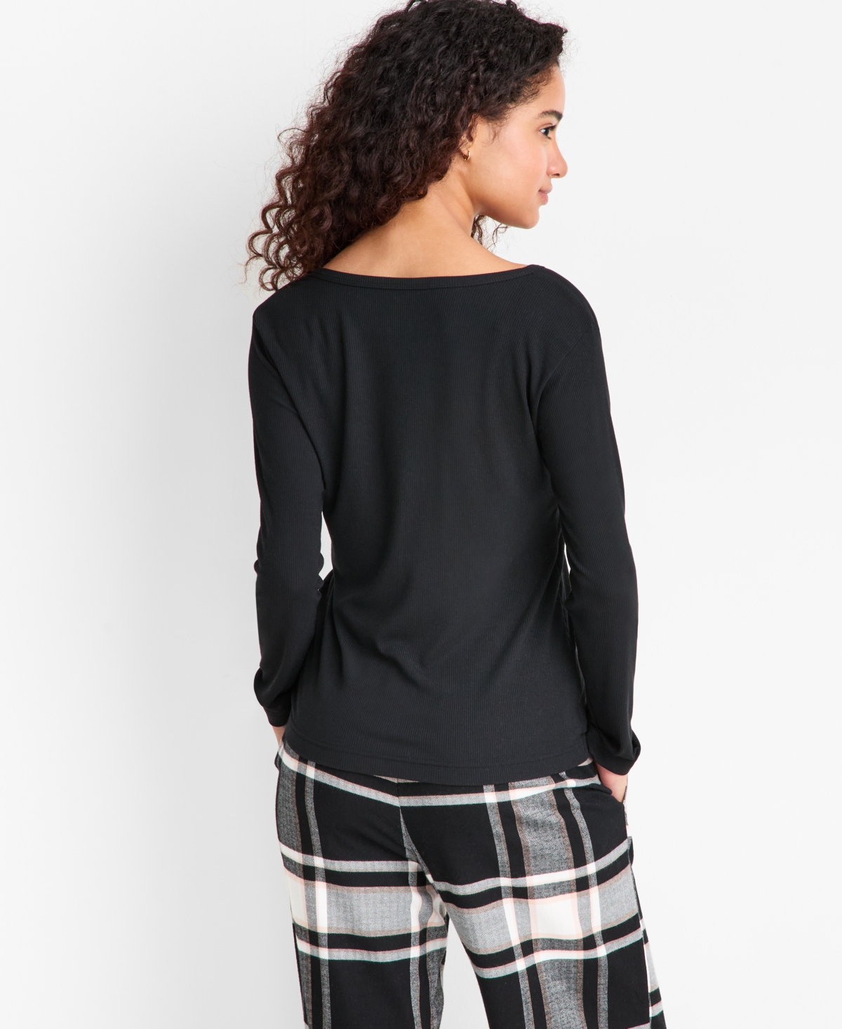 State Of Day Women's Long-sleeve Ribbed Henley Sleep Top Xs-3x, Created For Macy's In Black